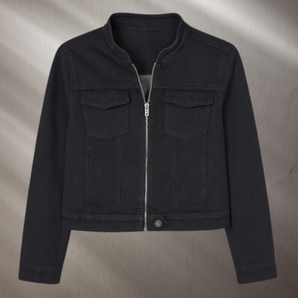 Apostrophe Jean Jacket Womens 14 Black Stretch Moto Denim Zip Up Biker Coat Cool - Picture 2 of 11